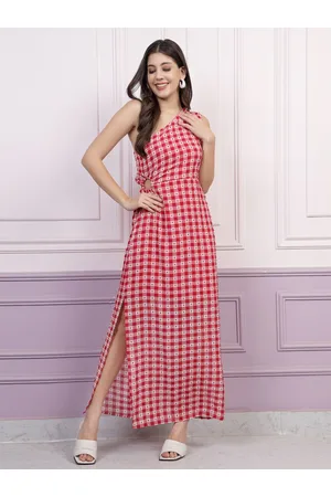 ATHENA Checked One Shoulder Georgette Maxi Dress