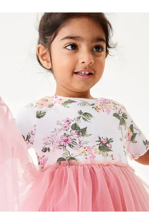 Stylecast Girls Pink Floral Printed Gathered Cotton Fit & Flare Dress