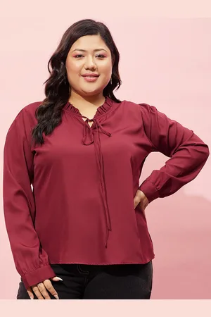 Berrylush Plus Size Maroon Tie-Up Neck Ruffled Shirt Style Top