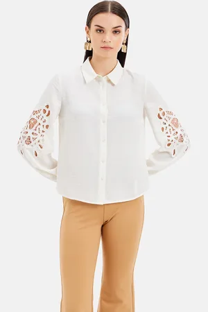 Kazo Spread Collar Long Charlie Lace Patch Sleeves Standard Cotton Opaque Formal Shirt