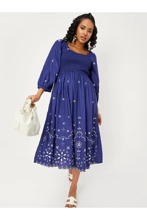 Max Collection Ethnic Motifs Embroidered Bishop Sleeves Fit and Flare Midi Dress