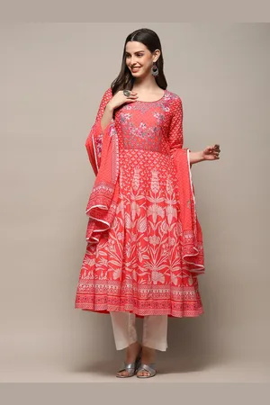 Biba Floral Printed Pure Cotton Anarkali Kurta With Palazzos & Dupatta