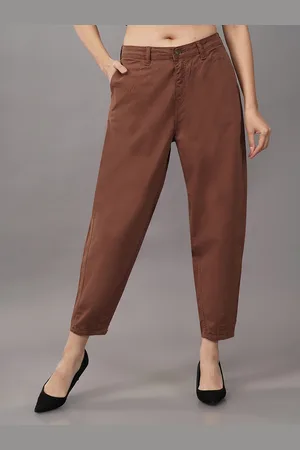 DressBerry Women Brown Mom Fit Button High-Rise Cropped Cigarette Trousers