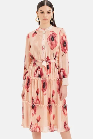 Kazo Floral Printed Mandarin Collar Pleated Shirt Dress