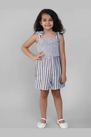 Biglilpeople Girls Striped Smocked Cotton Linen Play Jumpsuit