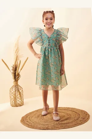 Cherry & Jerry V Neck Floral Printed Flutter Sleeve Empire Dress