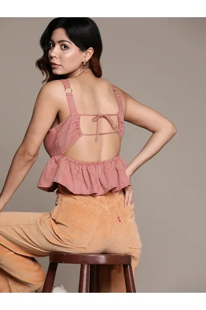 Roadster The Lifestyle Co. Cut-Out & Tie-Up Back Striped Cotton Peplum Crop Top