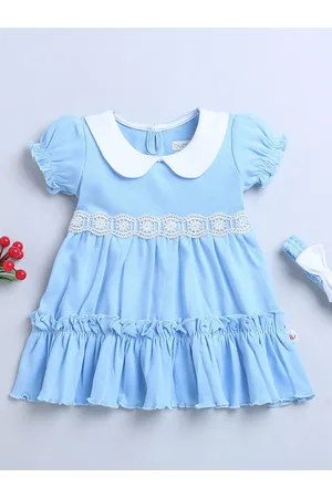 BUMZEE Girls Peter Pan Collar Puff Sleeve Fit & Flare Dress