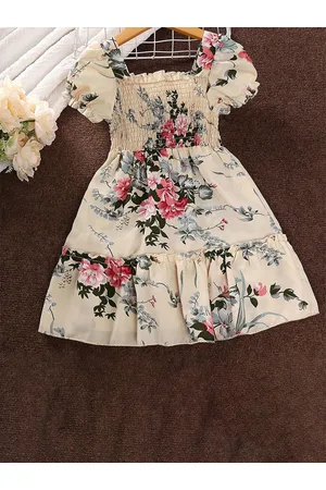 Stylecast Girls Beige Floral Print Puff Sleeve Layered Fit & Flare Dress