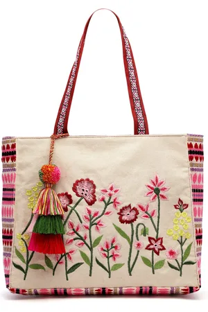 Anekaant Boho Floral Embroidered Jacquard Cotton Shopper Tote Bag With Tasseled