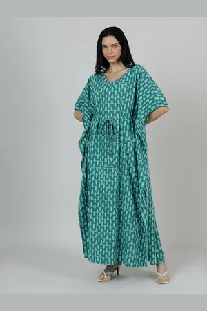 mackly Ethnic Motifs Printed V-Neck Kimono Sleeve Kaftan Maxi Dress