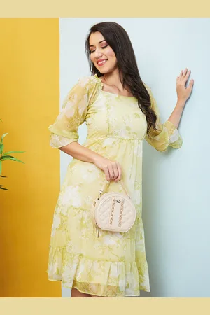 Globus Yellow Floral Printed Fit & Flare Dress