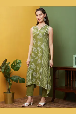 Globus Green & White Floral Printed Panelled A-Line Kurta With Trouser