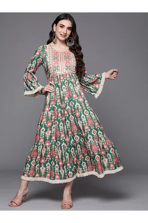 Indo Era Green & Pink Floral Embroidered Ethnic A-Line Maxi Ethnic Dress