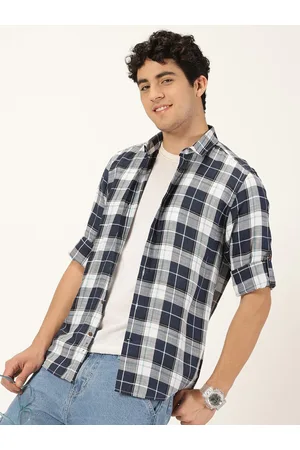 Mast & Harbour Navy Blue Classic Slim Fit Tartan Checks Opaque Casual Shirt