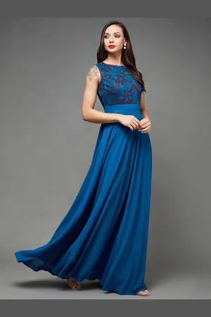 Miss Chase Women Lace Insert Boat Neck Georgette Fit and Flare Maxi Dress