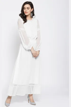 DODO & MOA Women White Round Neck Semi Sheer Flared Maxi Dress