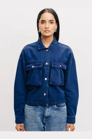 FREAKINS Navy Blue Spread Collar Oversized Denim Jacket