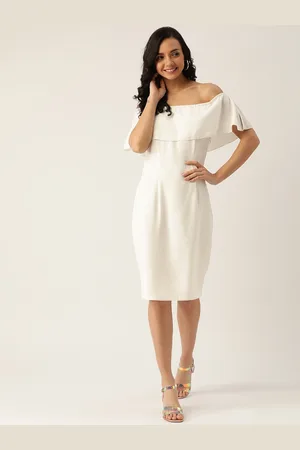 DODO & MOA Women White Off-Shoulder Ruffled Sheath Dress