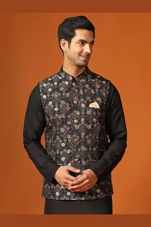 KISAH Floral Printed Mandarin Collar Woven Nehru Jacket With Pocket Square