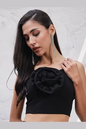 ATHENA Black Square Neck Shoulder Straps Scuba Crop Top