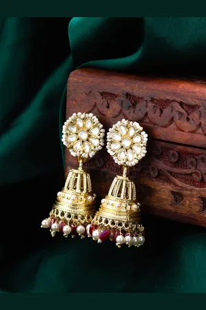 Aadita Gold-Plated Stone-Studded & Beaded Contemporary Jhumkas