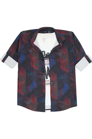 CAVIO Boys Abstract Printed Spread Collar Roll-Up Sleeves Cotton Casual Shirt & T-Shirt