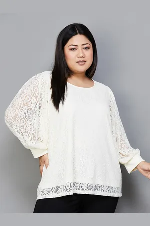 Lifestyle Self Design Plus Size Round Neck Long Puff Sleeves Top