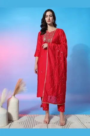 ASPORA Floral Embroidered Sequinned Notch Neck Art Silk Kurta With Trouser & Dupatta