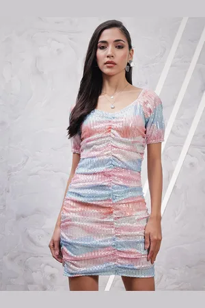 ATHENA Pink Printed Sequined Net Ruched Dress