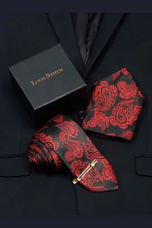 LOUIS STITCH Men Paisley Woven Design Silk Necktie Accessory Gift Set