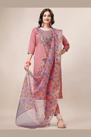 Berrylicious Floral Embroidered Chanderi Cotton Straight Kurta & Trousers with Dupatta