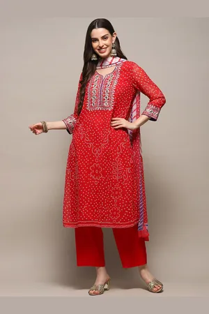 Hand Block Printed Indian Kurti in red floral design with Embroidery o -  KanisaCrafts