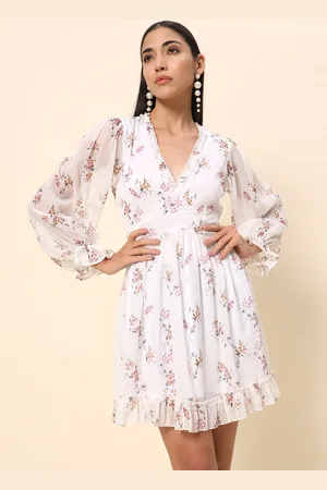 HERE&NOW Floral Printed V-Neck Puff Sleeve Fit & Flare Party Dress