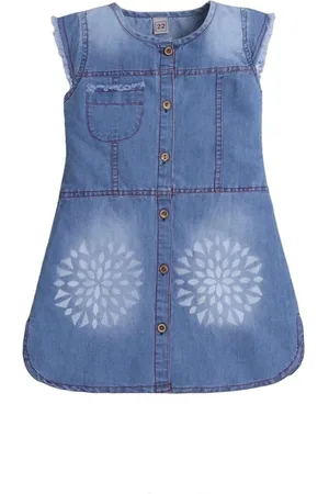 The Magic Wand Girls Floral Printed Cotton Denim A-Line Dress