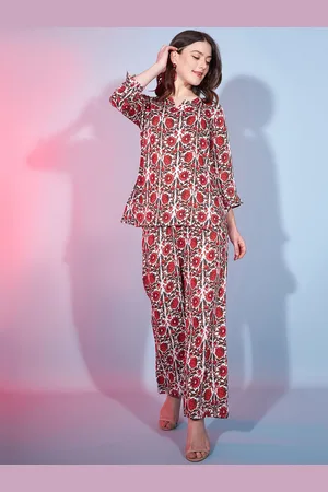 DressBerry Red Floral Printed Notched Neck Top With Trousers