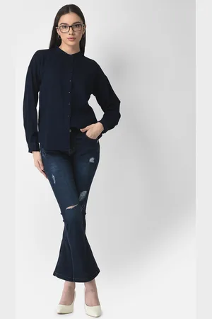 Crimsoune Club Women Navy Blue Urban Slim Bootcut Mildly Distressed Stretchable Jeans
