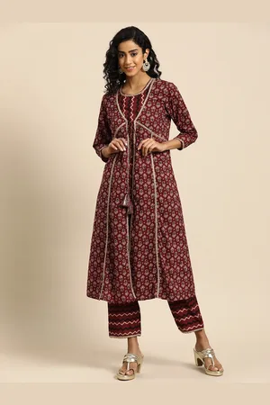 anayna Women Floral Printed Anarkali Gotta Patti Pure Cotton Kurta with Trousers
