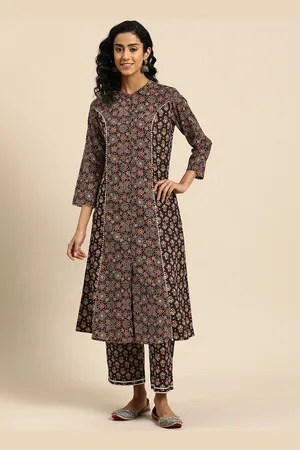 anayna Women Ethnic Motifs Printed A-Line Gotta Patti Pure Cotton Kurta with Trousers