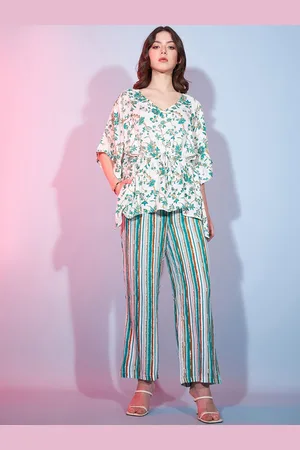 DressBerry White & Green Floral Printed kaftan Top With Trousers