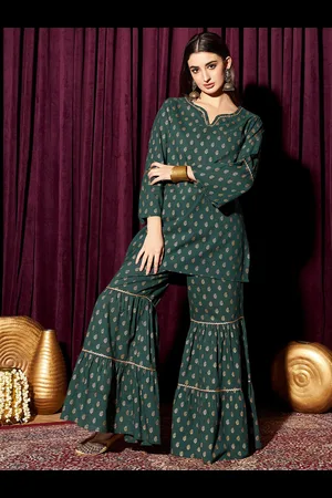 indo street Floral Printed Round Neck Long Sleeves Pure Cotton Kurti with Sharara