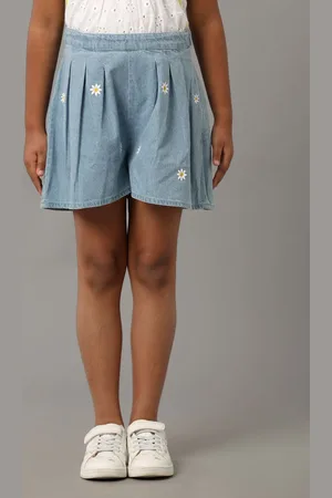 UNDER FOURTEEN ONLY Girls Floral Embroidered Cotton Denim Shorts
