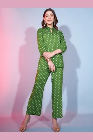 DressBerry Green Ethnic Motifs Printed Shirt Collar Top With Trouser