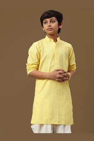 Sanwara Boys Striped Chikankari Embroidered Mandarin Collar Straight Kurta