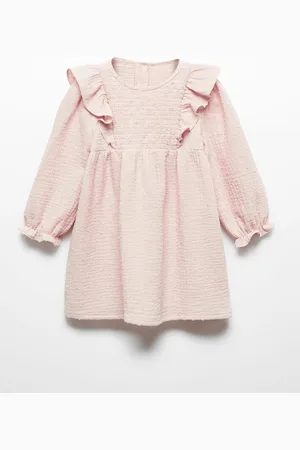 MANGO Girls Self Design Puff Sleeve Smocked A-Line Dress