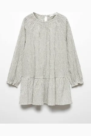 MANGO Girls Checked Smocked Puff Sleeve A-Line Dress