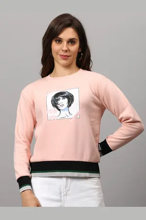 Campus Women Pink & Black Cotton Printed Pullover