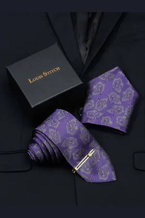 LOUIS STITCH Men Printed Italian Silk Necktie Accessory Gift Set