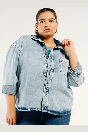 FREAKINS Plus Size Washed Spread Collar Long Sleeves Cotton Denim Jacket