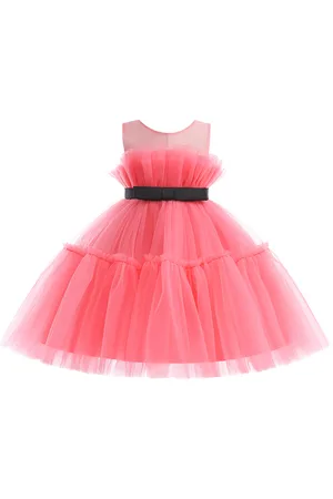 Stylecast Girls Pink Round Neck Sleeveless Ruffled Party Balloon Midi Dress